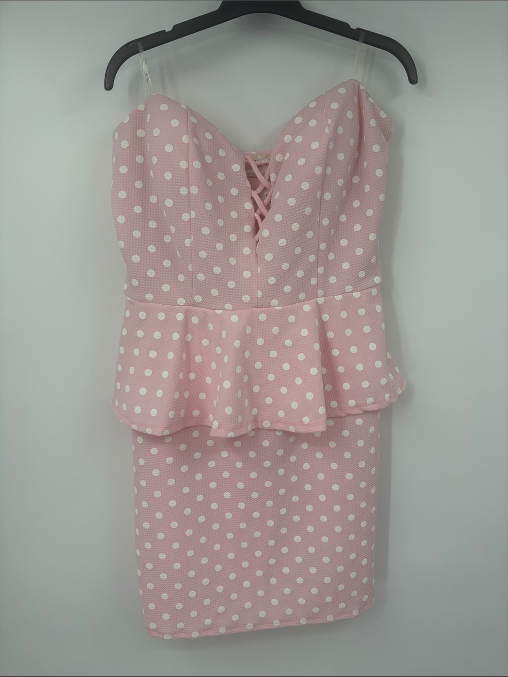 Wild Daisy Pink and White Polka Dot Peplum Dress Strapless Size XL